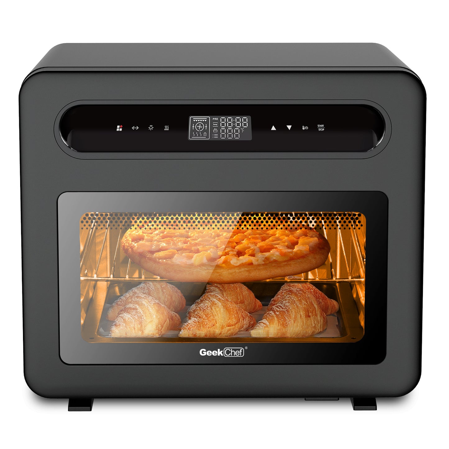 Geek Chef Steam Air Fryer Toast Oven Combo , 26 QT Steam Convection Oven Countertop , 50 Cooking Presets, With 6 Slice Toast, 12 In Pizza, Black Stainless Steel