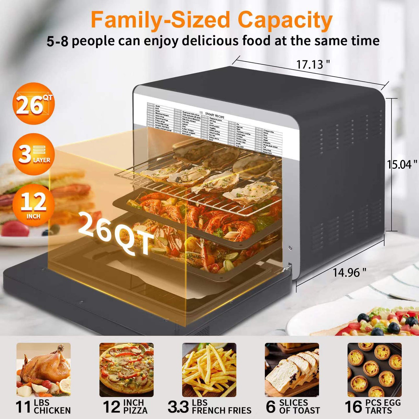 Geek Chef Steam Air Fryer Toast Oven Combo , 26 QT Steam Convection Oven Countertop , 50 Cooking Presets, With 6 Slice Toast, 12 In Pizza, Black Stainless Steel